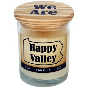 candle with We Are on wood lid, label with outline of Pennsylvania with Happy Valley inside
